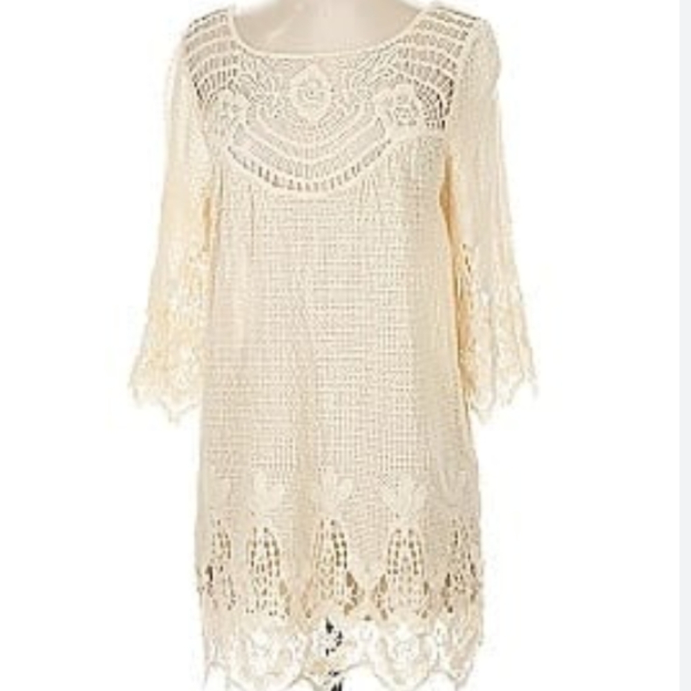 XCVI Cream Lace Tunic Top Cutwork Crochet Mini Dress Boho Festival Coastal
